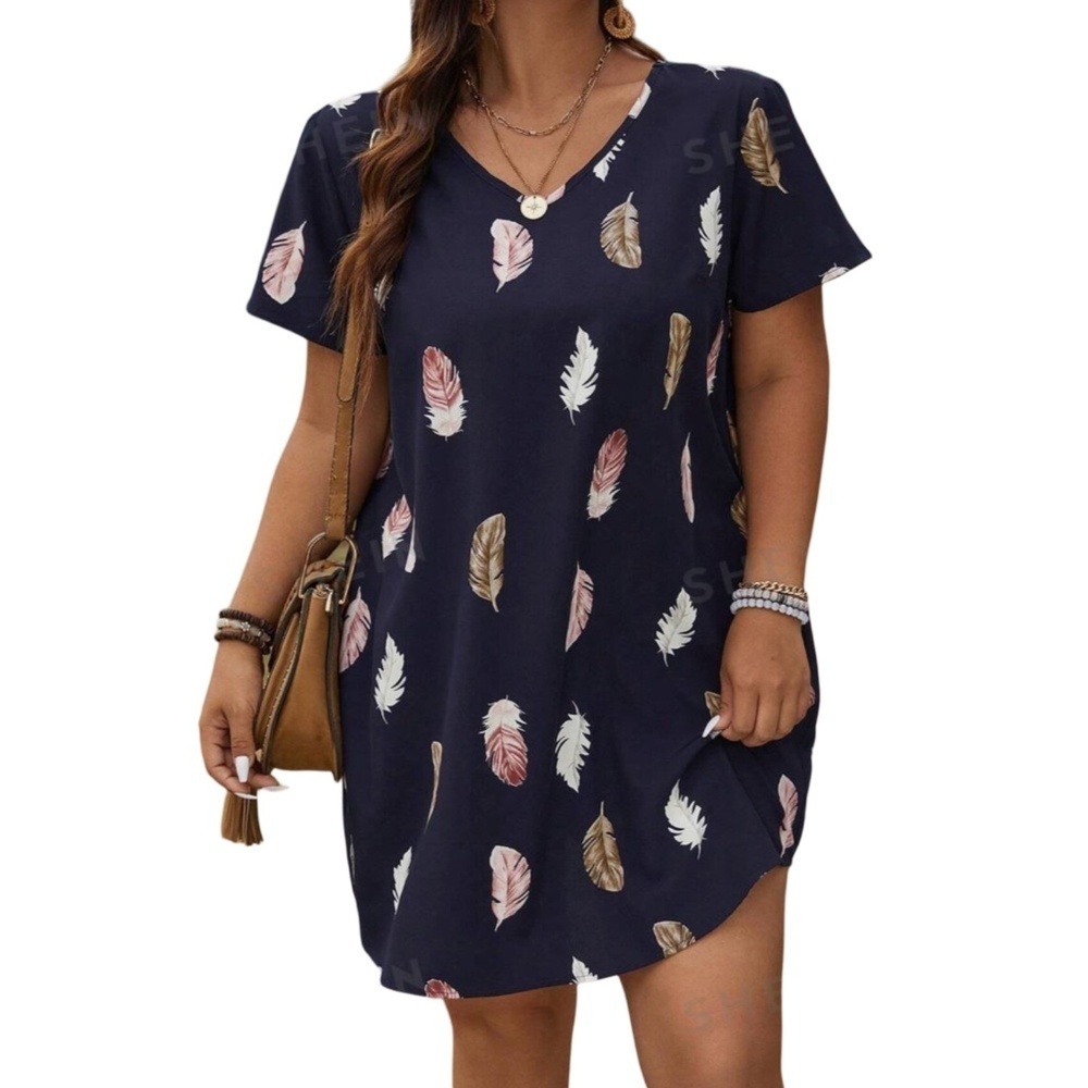 S H E I N Dress Feather Tribal Print Short Sleeve Criss Cross Back Pockets NIP
